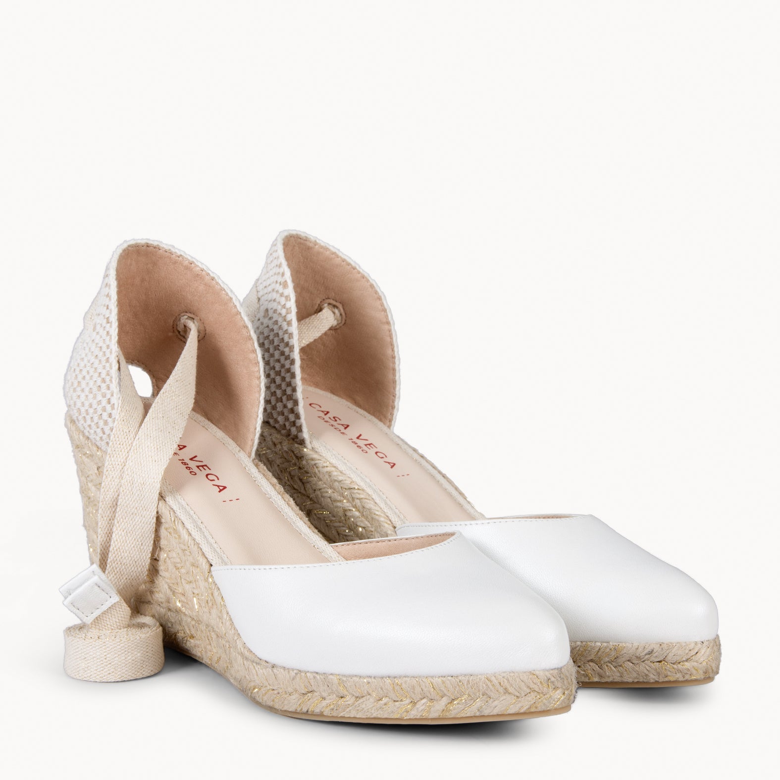 LEONOR - NACRE High leather wegde with ribbons