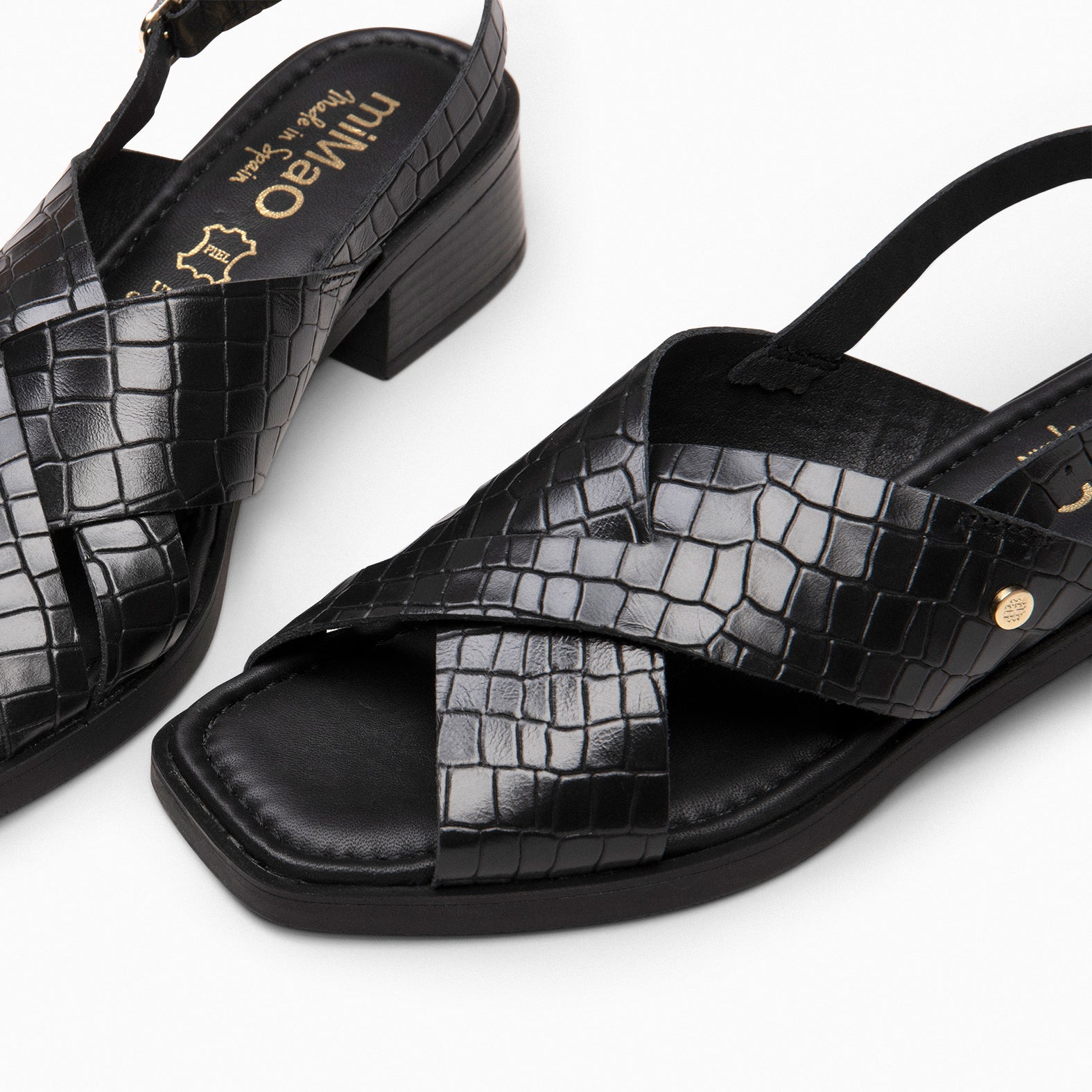 BETANIA - Sandalias planas de piel grabado coco NEGRO