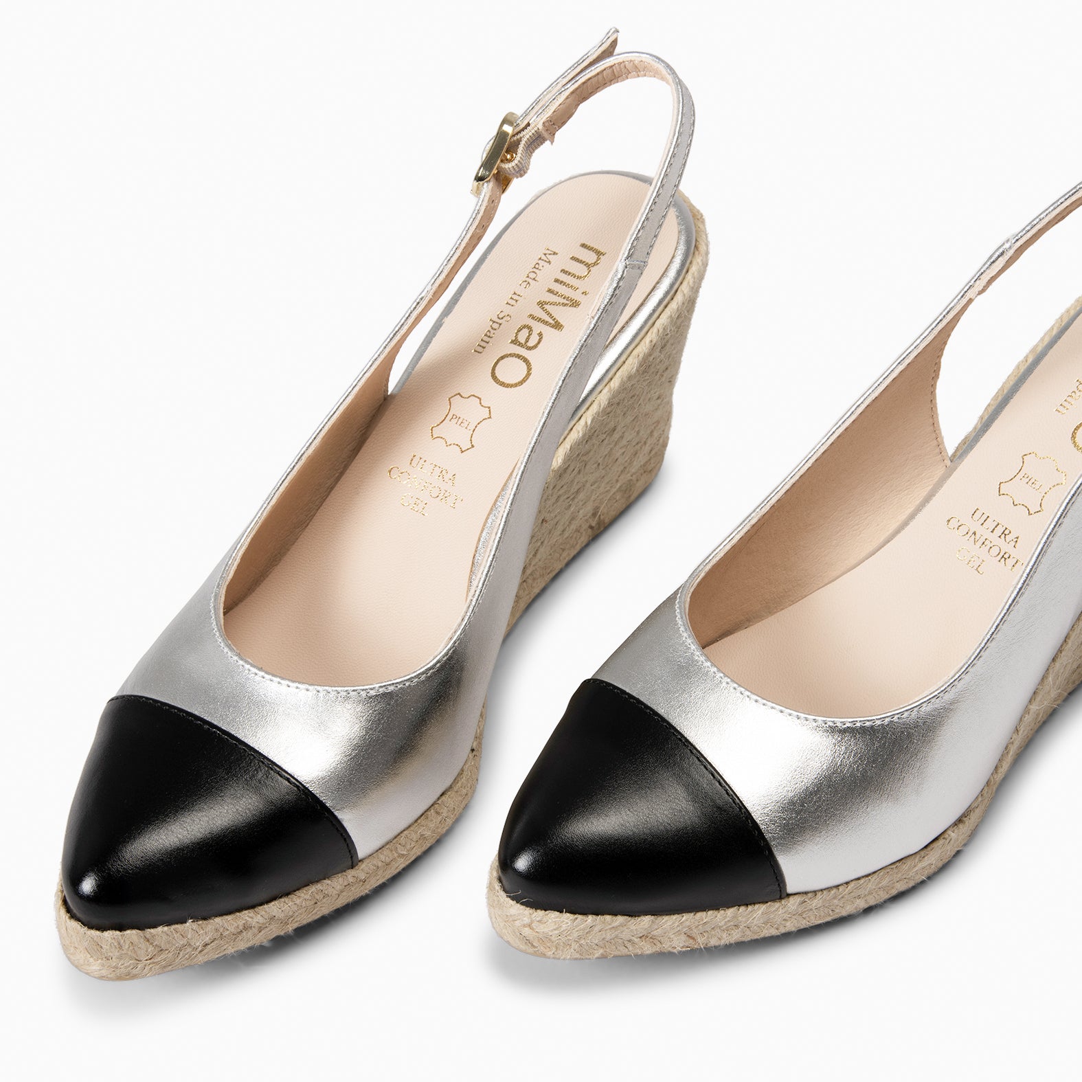 BIARRITZ - SILVER WEDGE ESPADRILLES WITH BLACK PATENT LEATHER TOE
