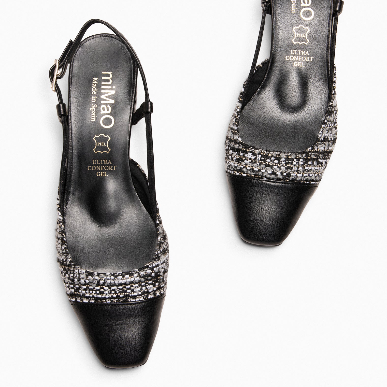 AUDREY - Manoletinas destalonadas Bicolor con tacón TWEED NEGRO - miMaO ®