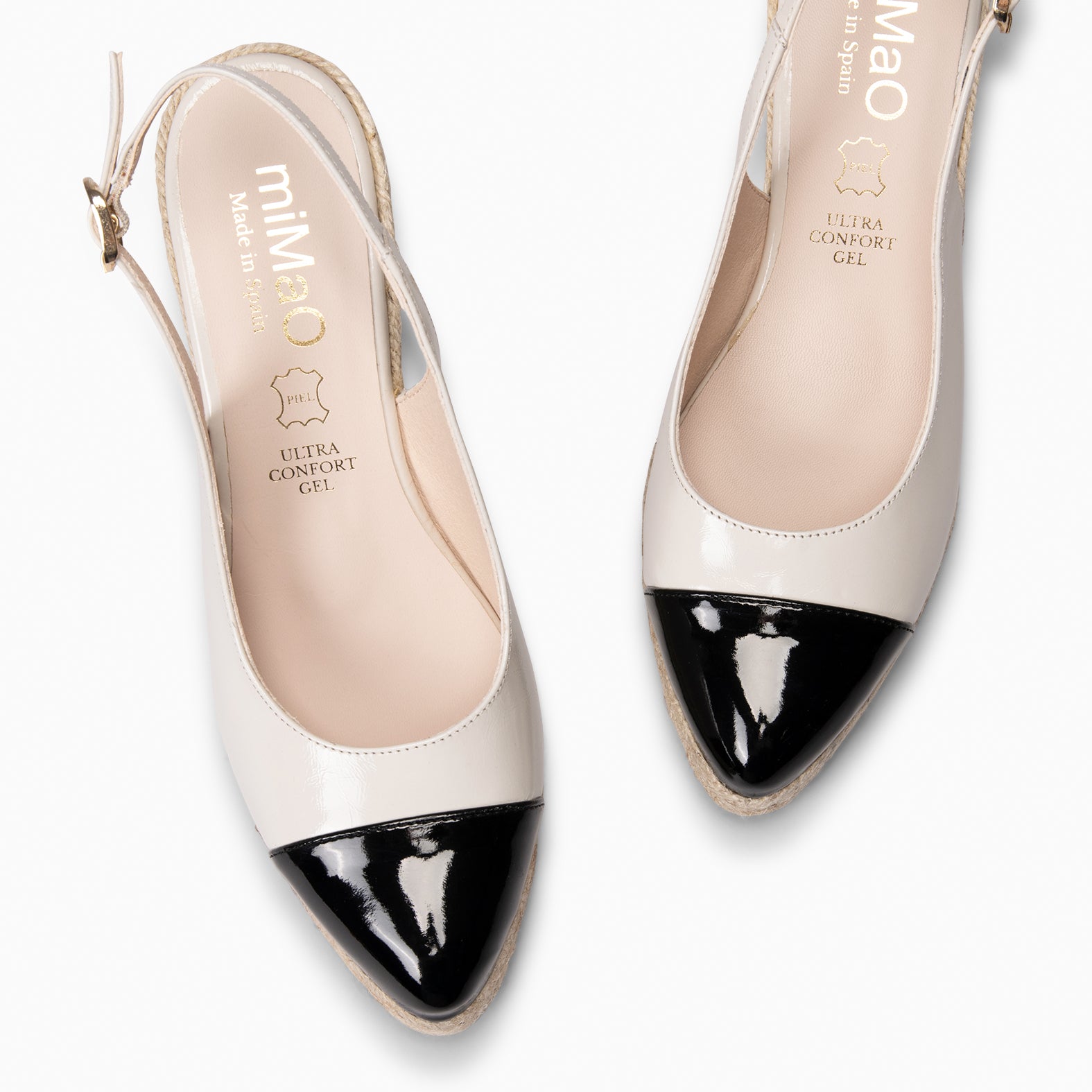 BIARRITZ - CUÑA DE ESPARTO BEIGE CON PUNTERA NEGRA DE CHAROL - miMaO ®