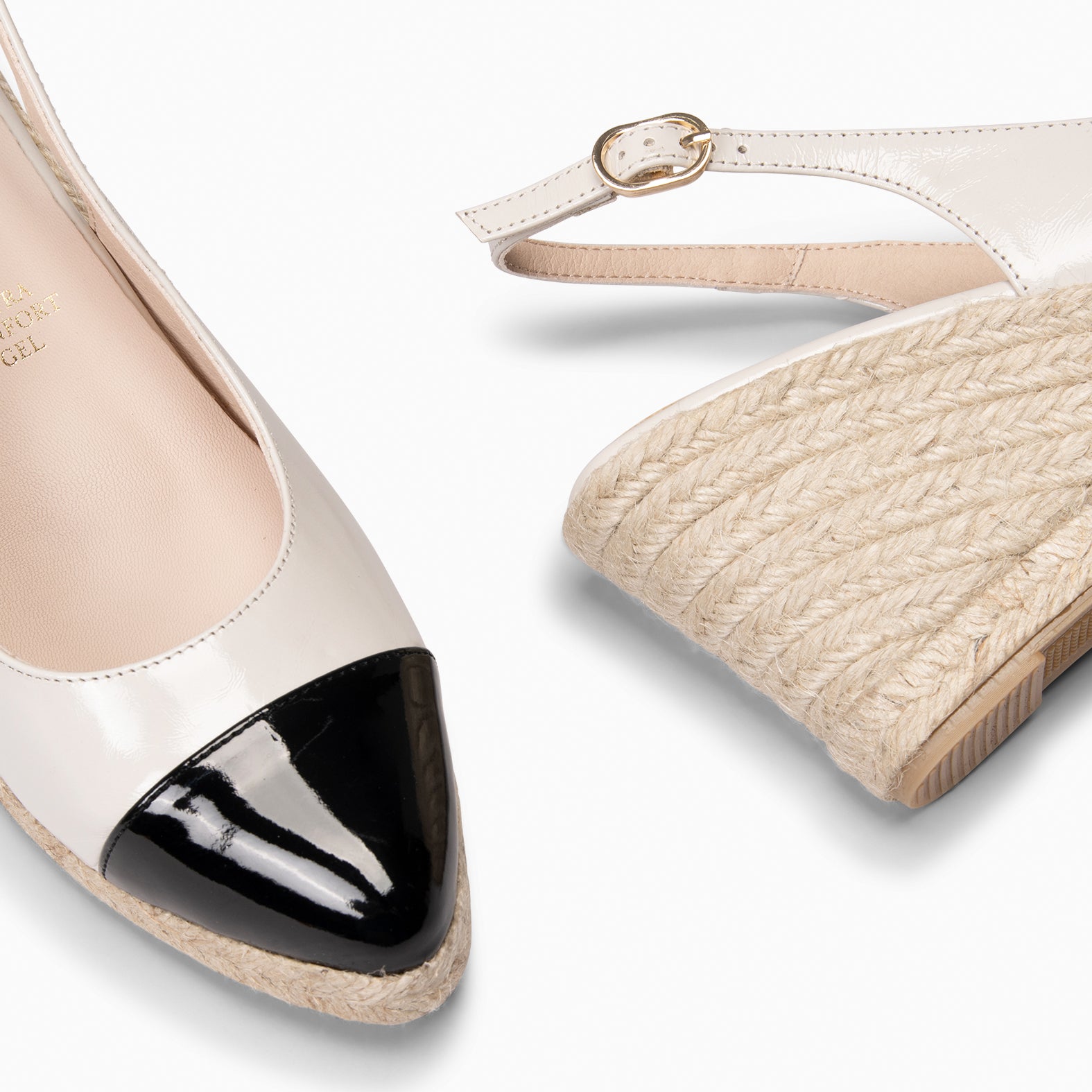BIARRITZ - CUÑA DE ESPARTO BEIGE CON PUNTERA NEGRA DE CHAROL - miMaO ®
