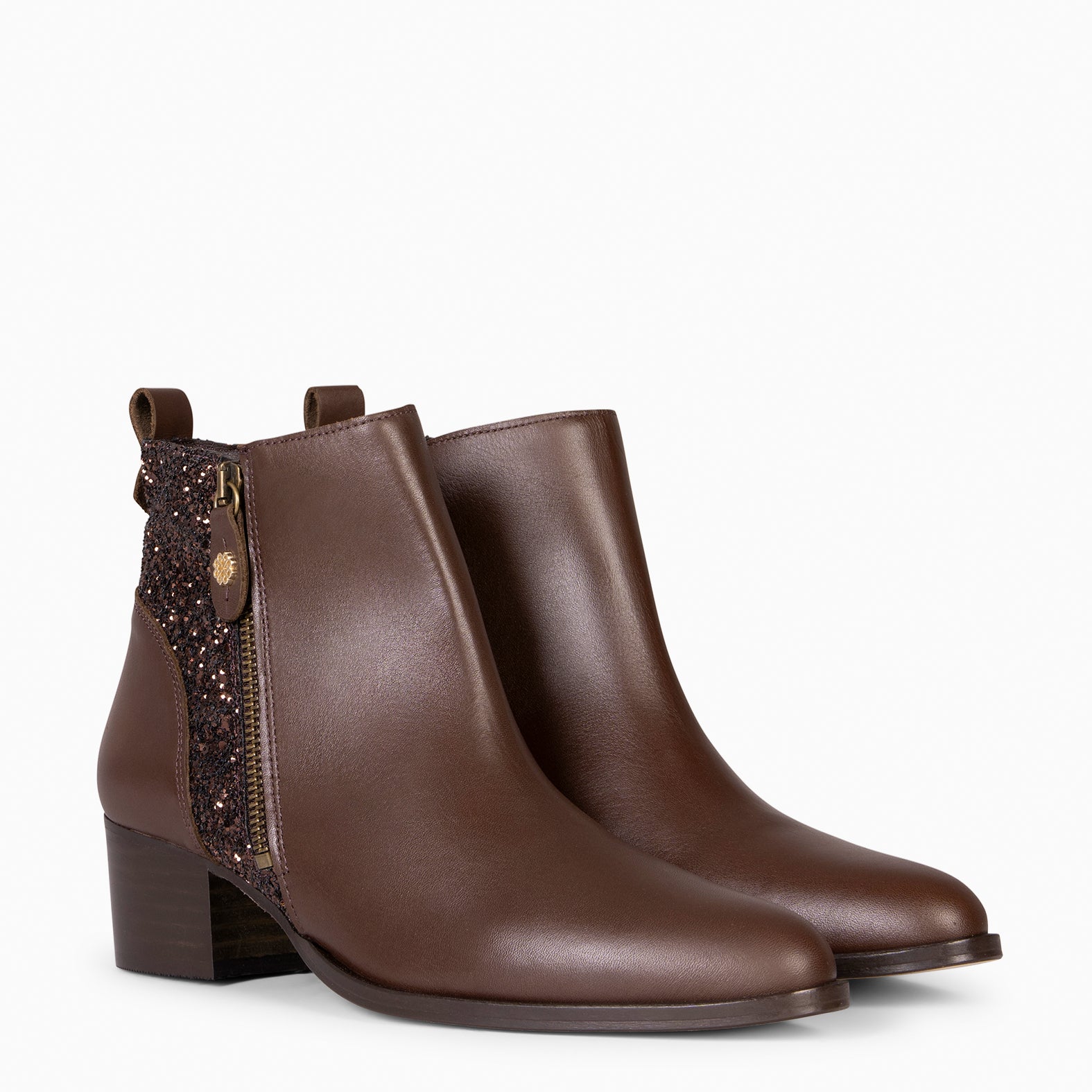 REBECA - BOTINS DE SALTO BAIXO MARROM GLITTER