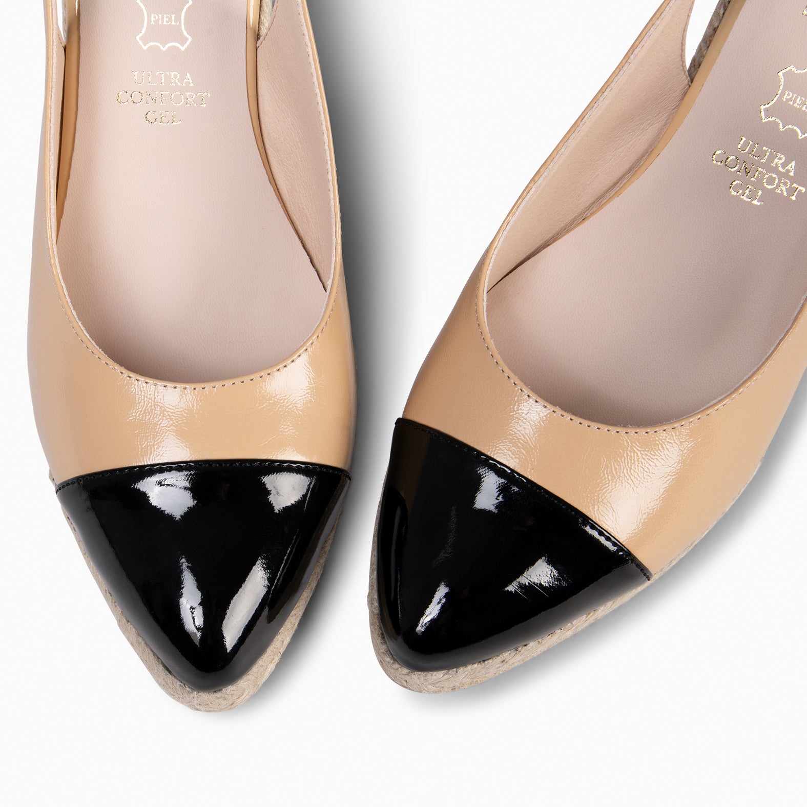 BIARRITZ - BROWN WEDGE ESPADRILLE WITH BLACK PATENT LEATHER TOE