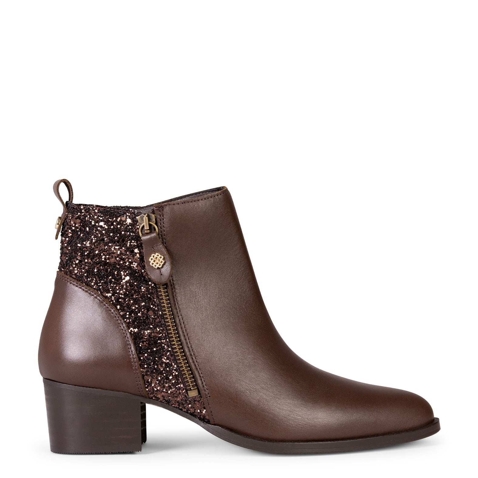 REBECA - BOTINS DE SALTO BAIXO MARROM GLITTER
