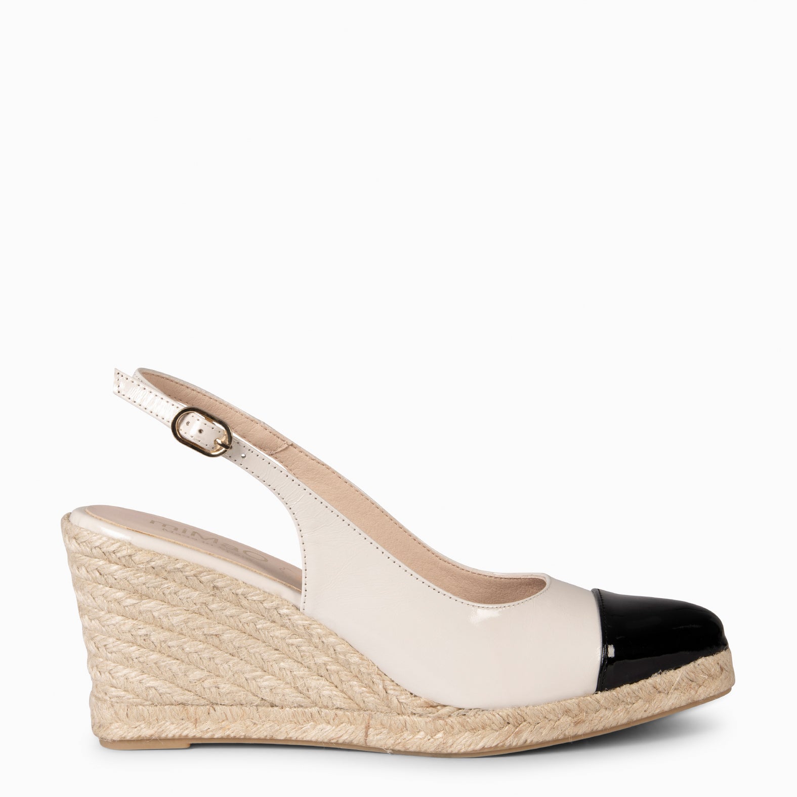 BIARRITZ - CUÑA DE ESPARTO BEIGE CON PUNTERA NEGRA DE CHAROL - miMaO ®