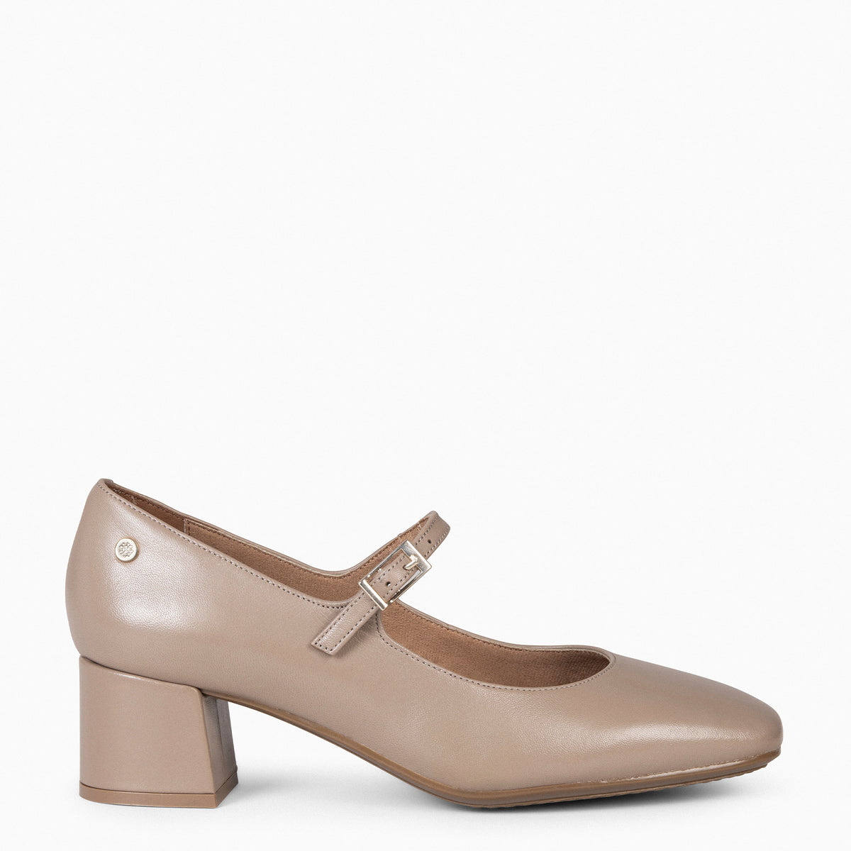 BELLA - Taupe schoenen met enkelbandje en vierkante neus