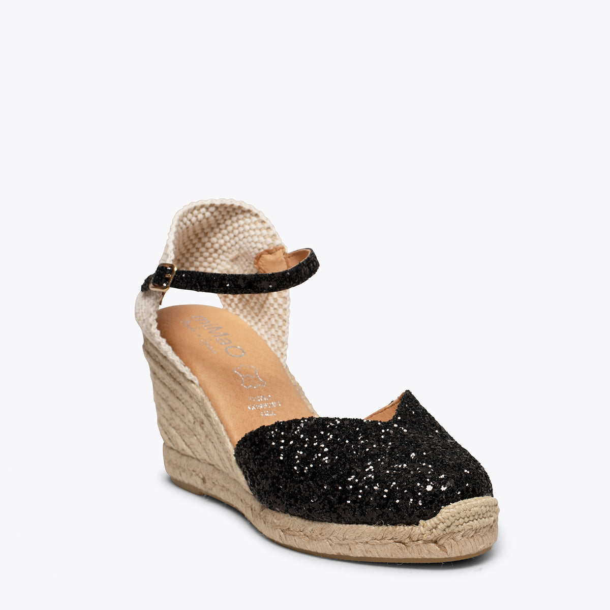 NERJA STAR - Cuñas altas de esparto con glitter NEGRO