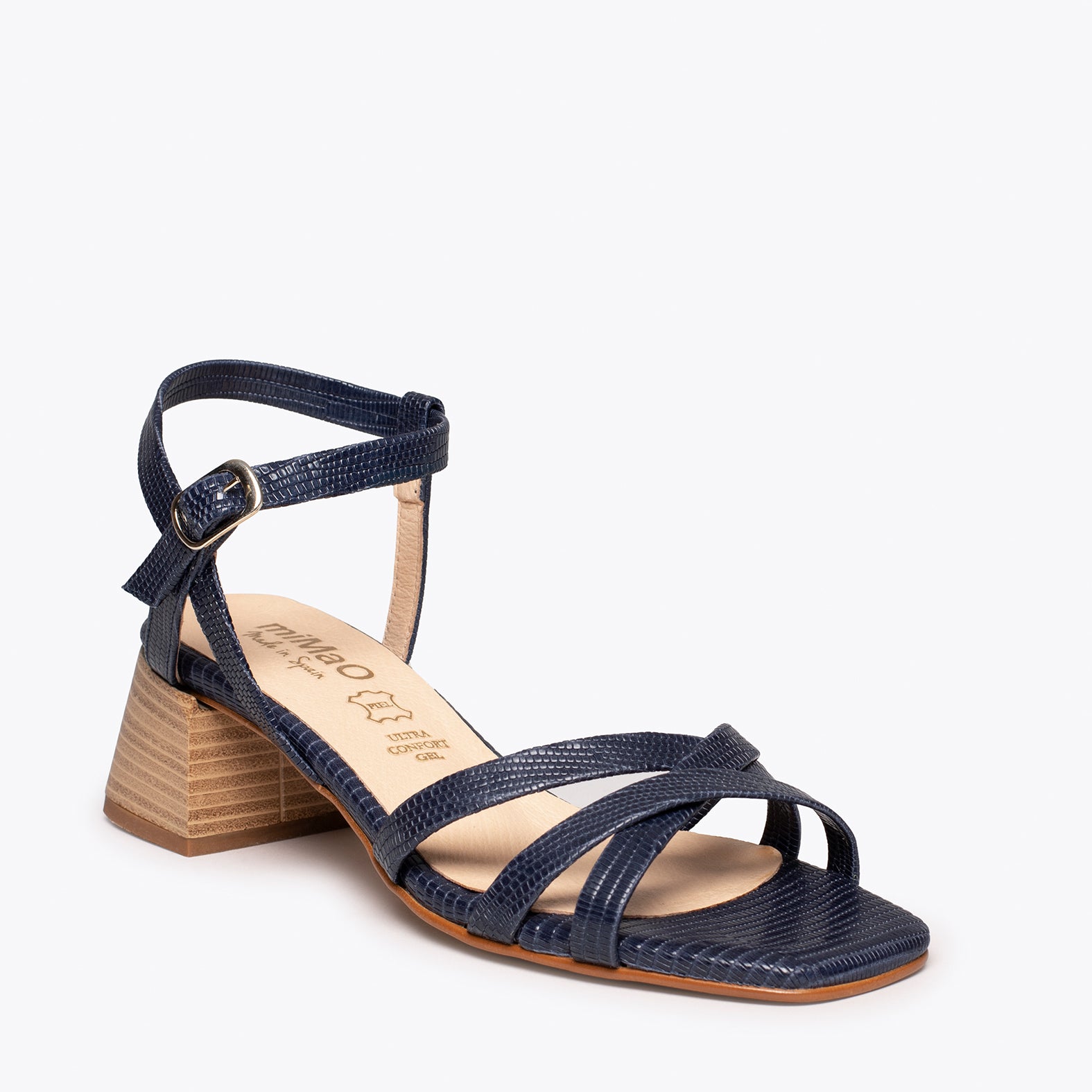 ELEGANT – NAVY mid heel sandal with snake texture