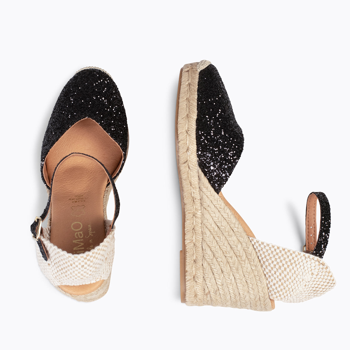 NERJA STAR - Cuñas altas de esparto con glitter NEGRO