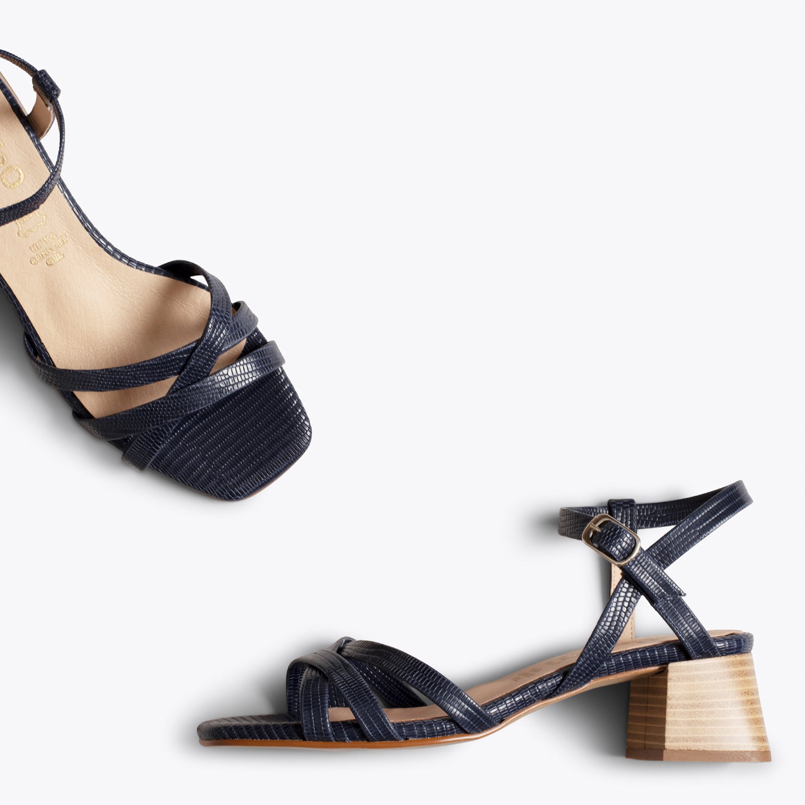 ELEGANT – NAVY mid heel sandal with snake texture