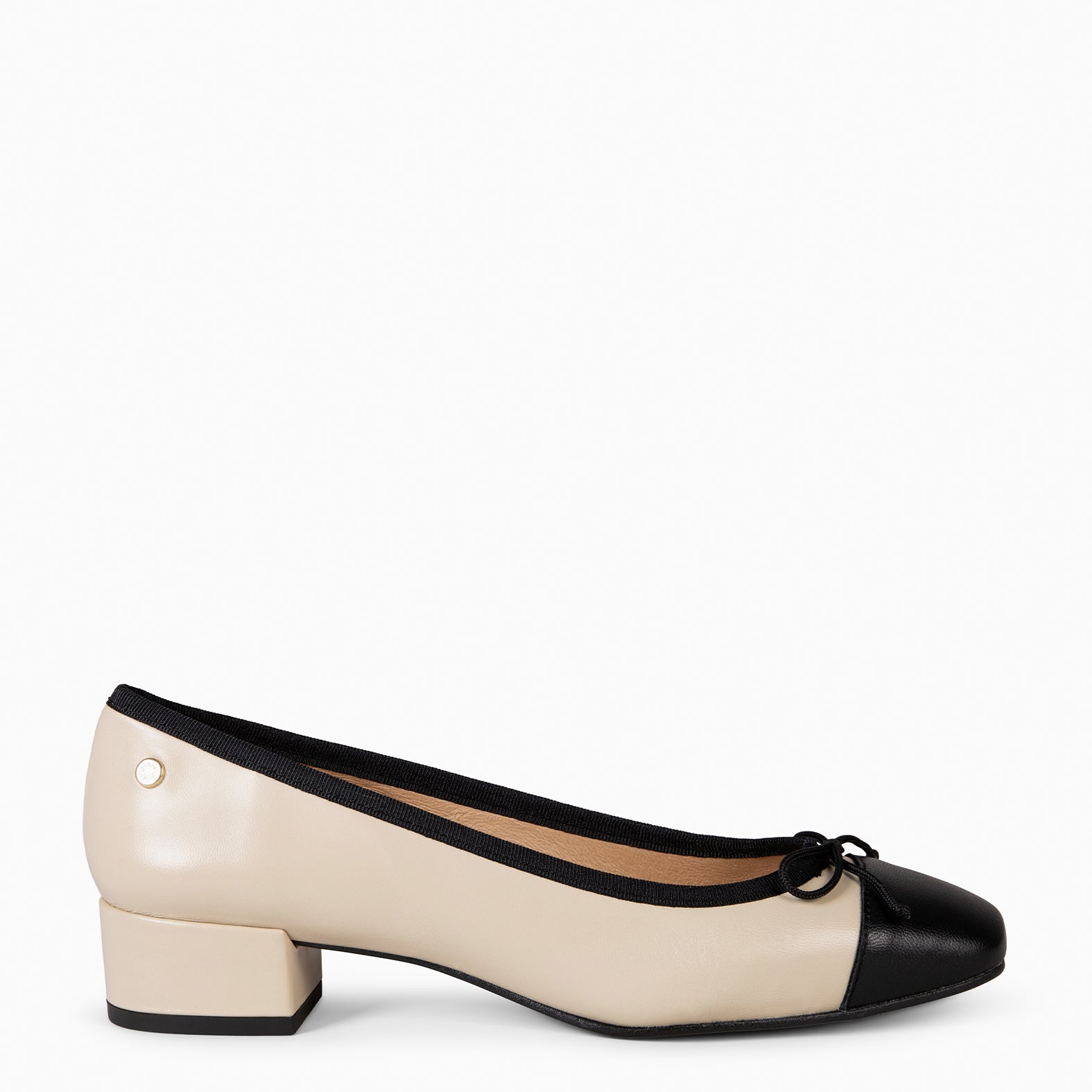 GLAMOUR – Bailarinas con tacón y puntera de napa BEIGE NEGRO