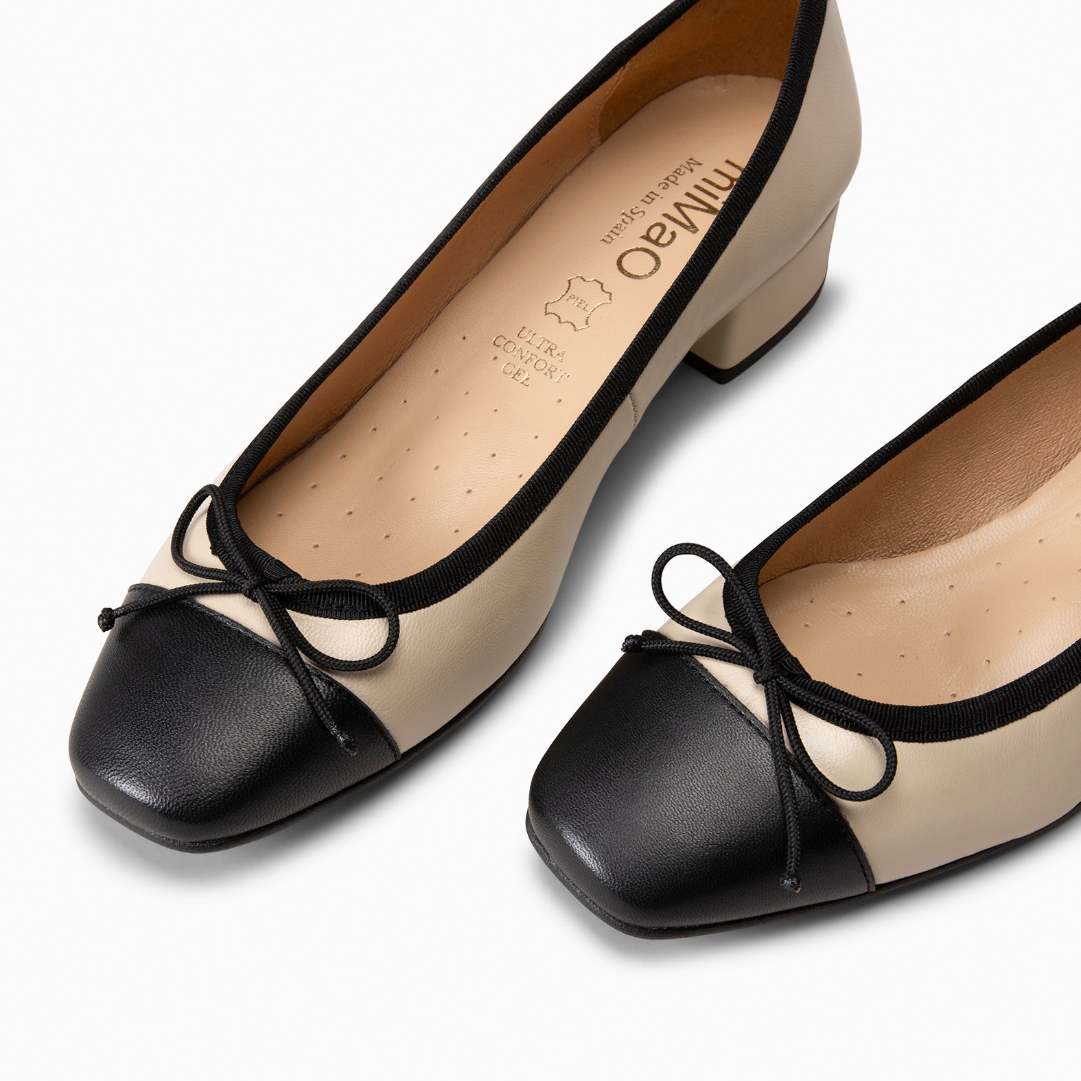 GLAMOUR – Bailarinas con tacón y puntera de napa BEIGE NEGRO