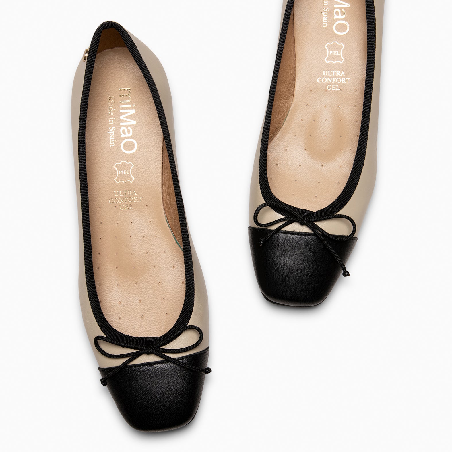 GLAMOUR – Bailarinas con tacón y puntera de napa BEIGE NEGRO