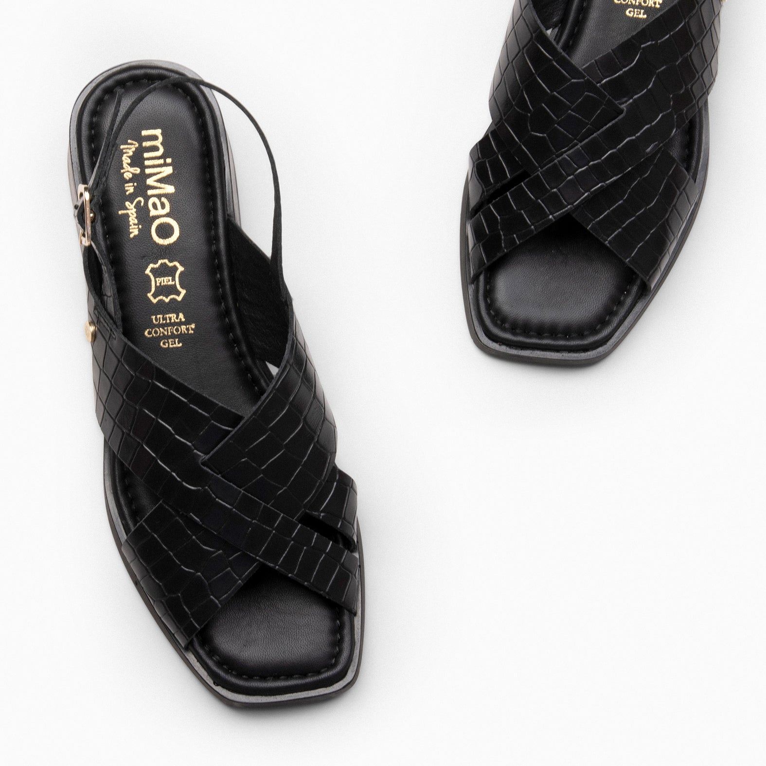 BETANIA - Sandalias planas de piel grabado coco NEGRO