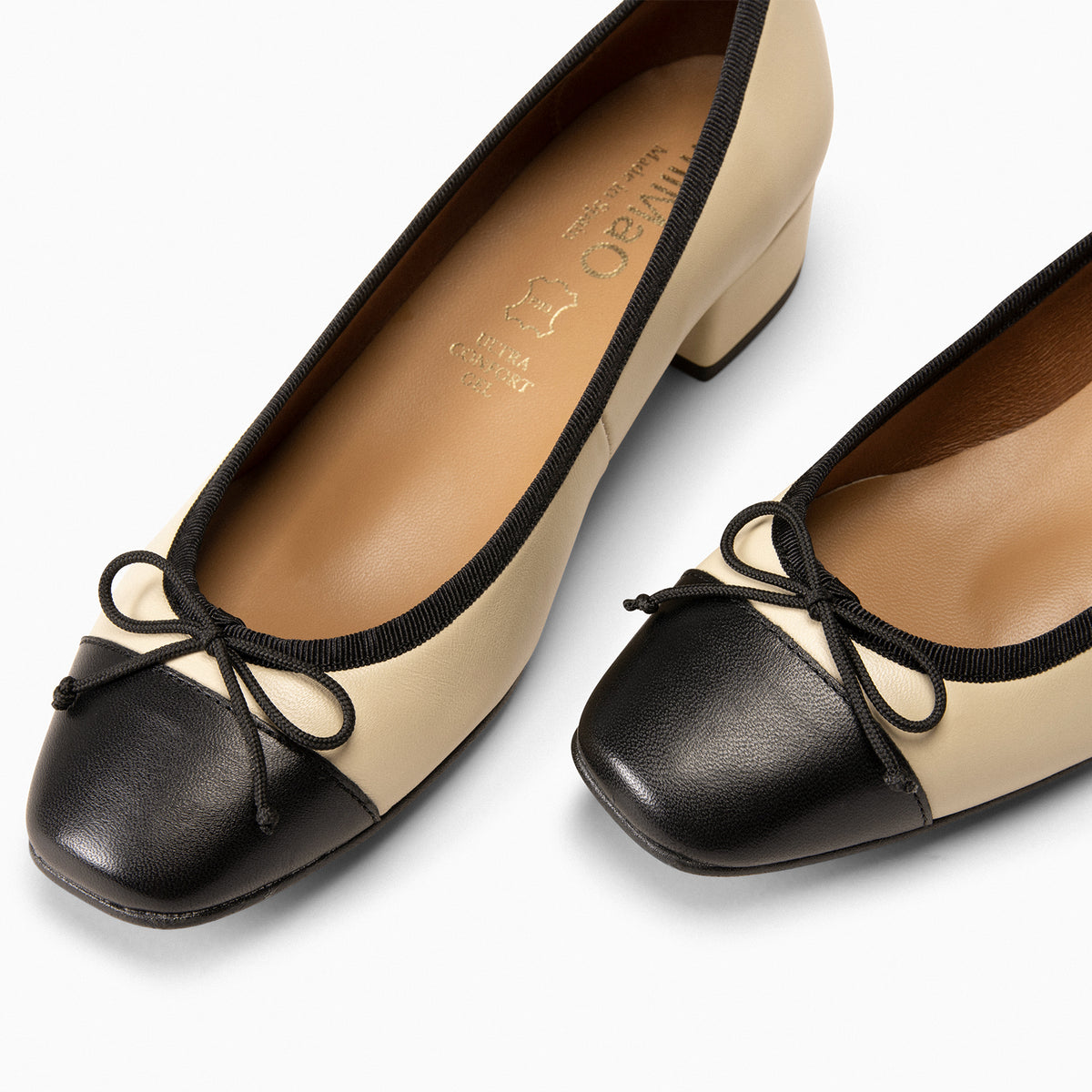GLAMOUR - Bailarinas BEIGE con tacón y puntera NEGRO - miMaO ®