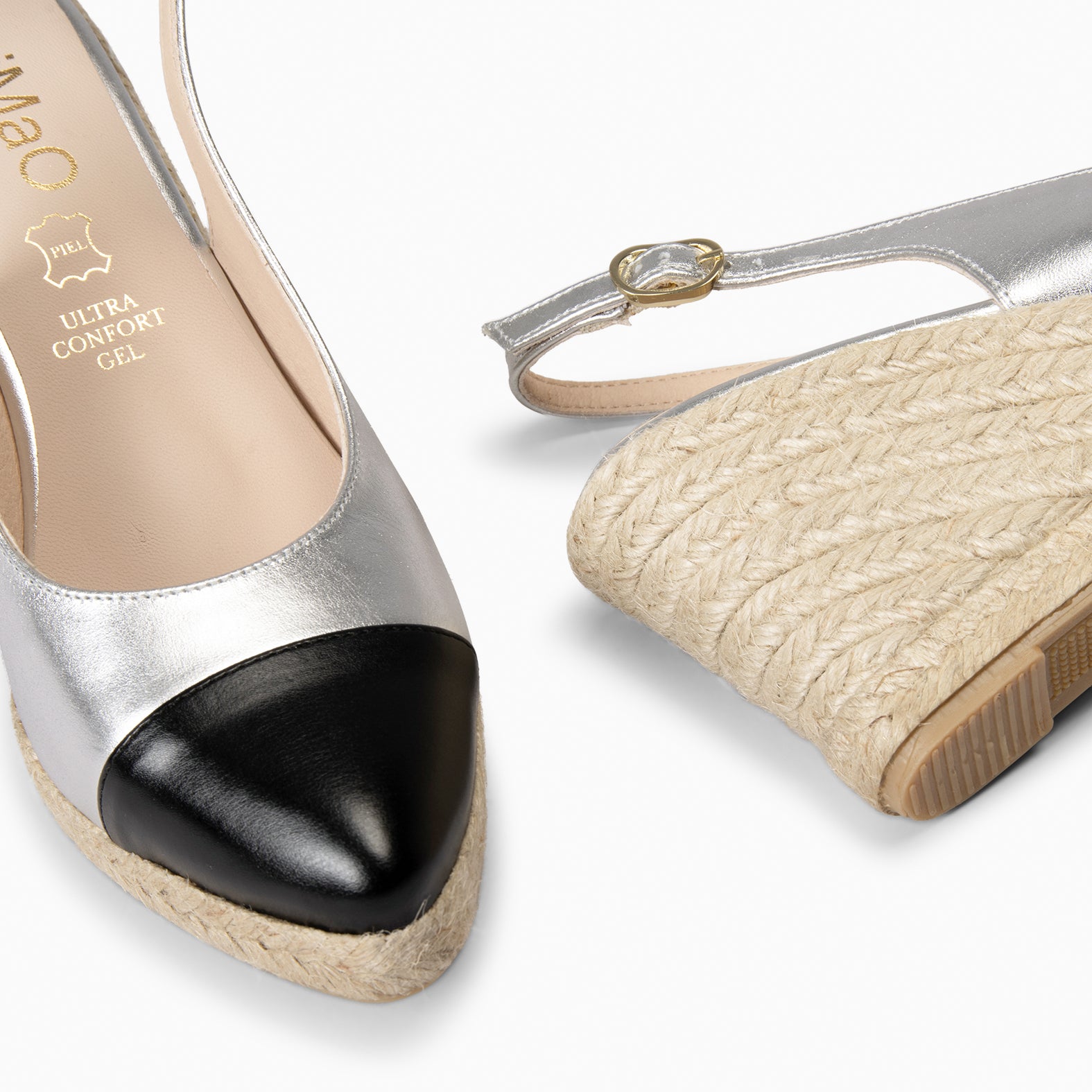 BIARRITZ - SILVER WEDGE ESPADRILLES WITH BLACK PATENT LEATHER TOE