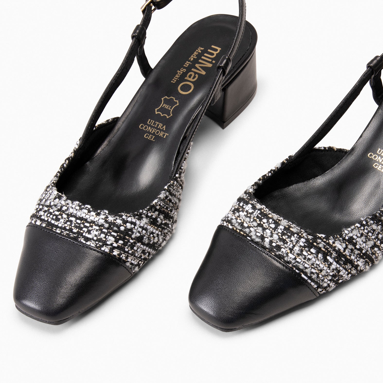AUDREY - Manoletinas destalonadas Bicolor con tacón TWEED NEGRO - miMaO ®