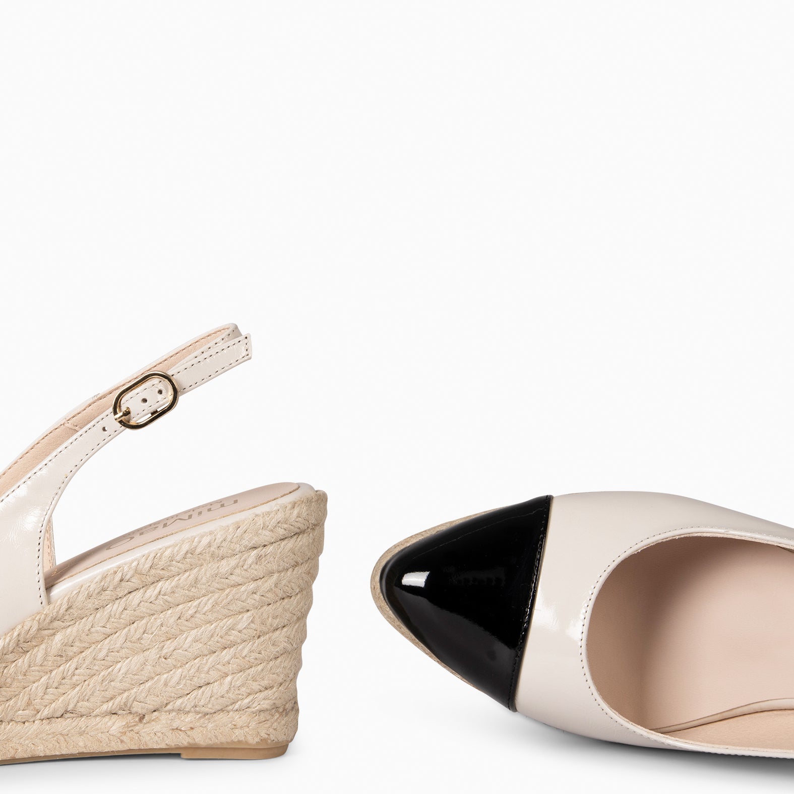 BIARRITZ - CUÑA DE ESPARTO BEIGE CON PUNTERA NEGRA DE CHAROL - miMaO ®