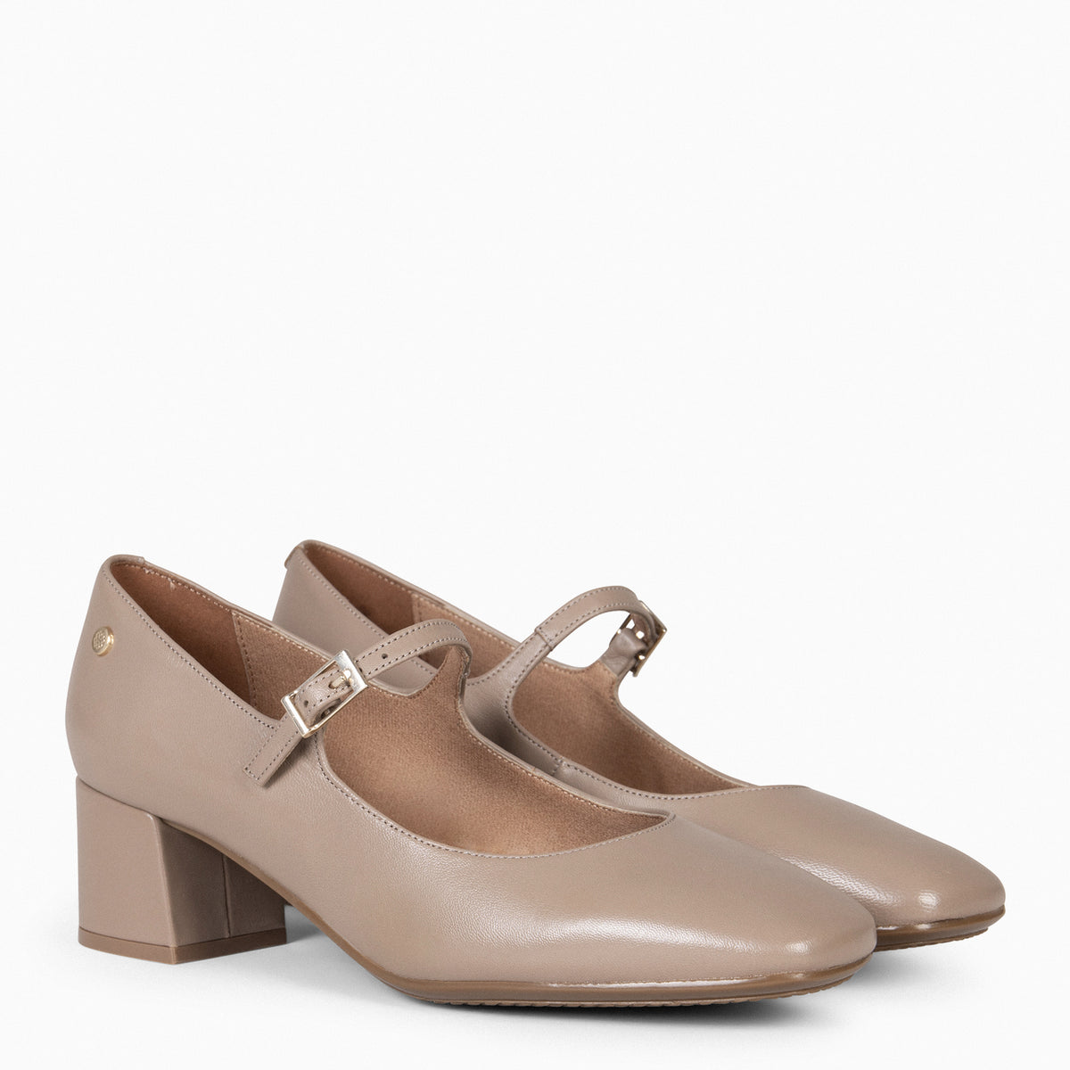 BELLA - Taupe schoenen met enkelbandje en vierkante neus