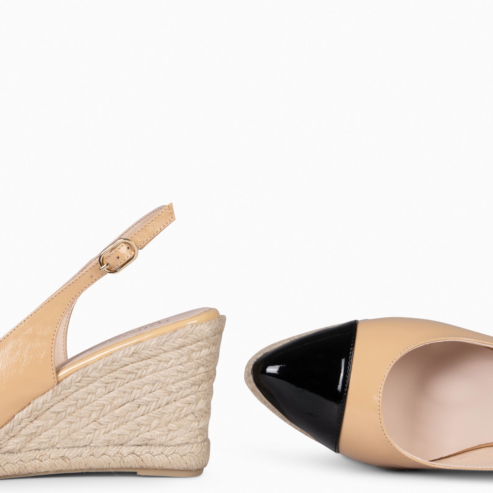 BIARRITZ - BROWN WEDGE ESPADRILLE WITH BLACK PATENT LEATHER TOE 