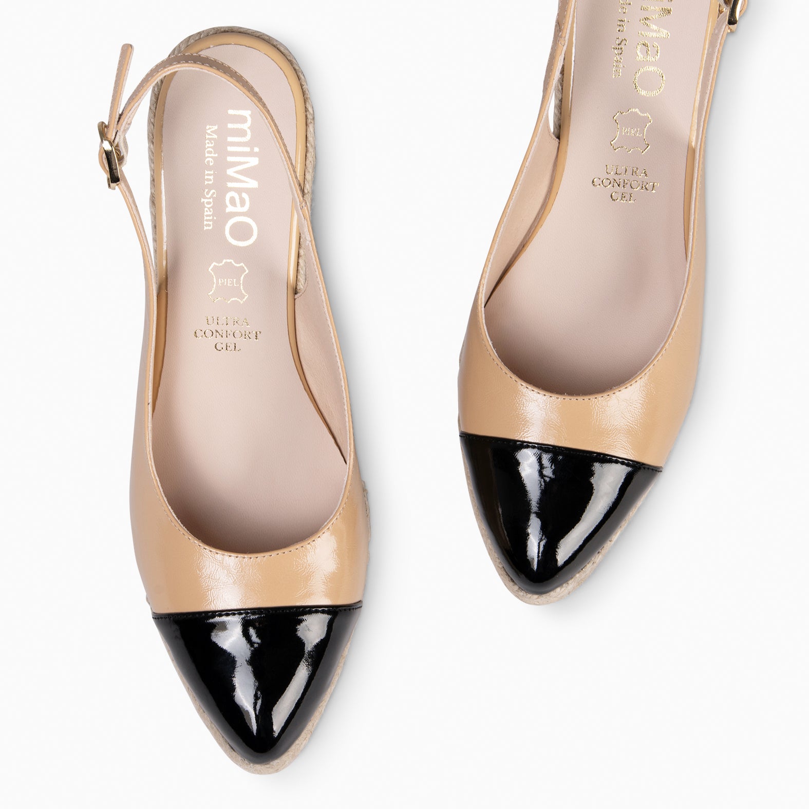 BIARRITZ - BROWN WEDGE ESPADRILLE WITH BLACK PATENT LEATHER TOE 