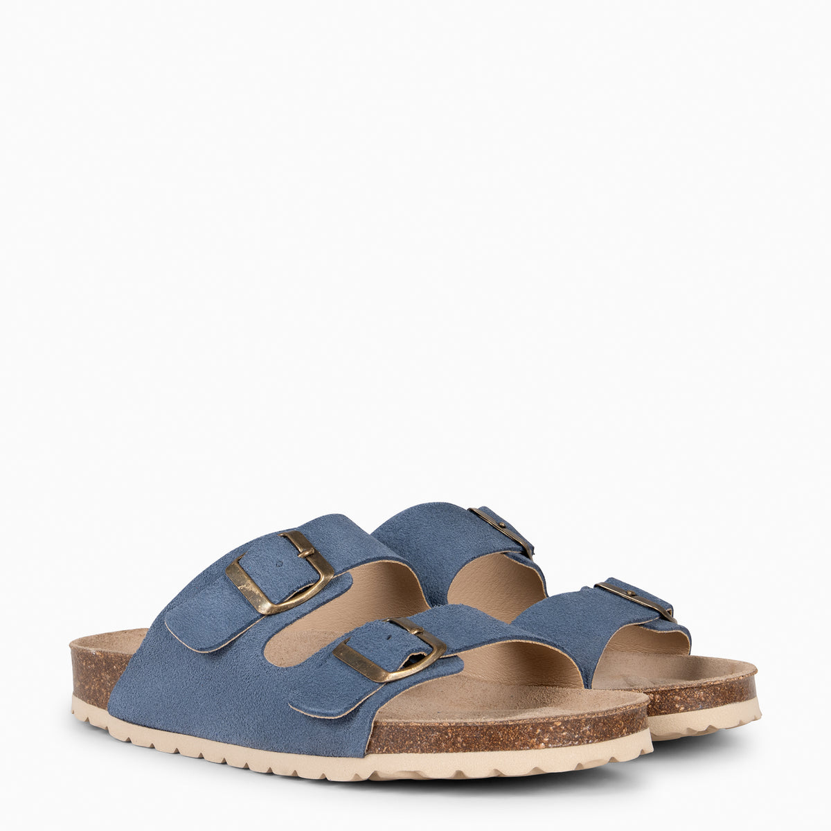BORA - Sandalia plana con doble hebilla serraje AZUL