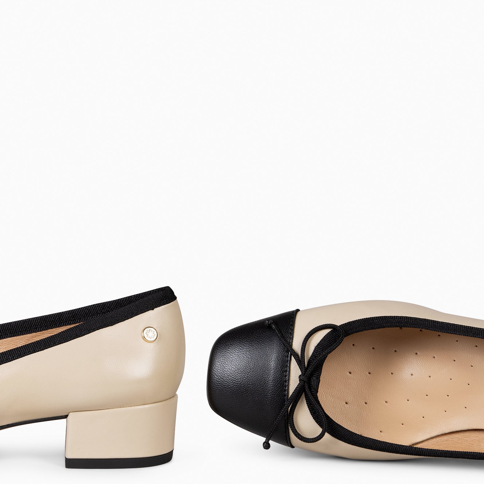 GLAMOUR – Bailarinas con tacón y puntera de napa BEIGE NEGRO