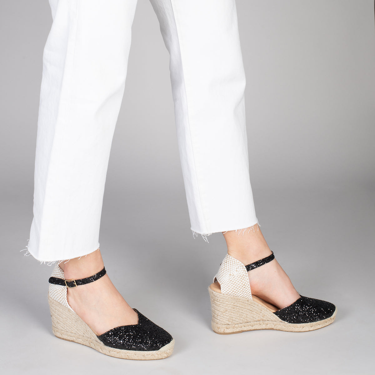 NERJA STAR - Cuñas altas de esparto con glitter NEGRO