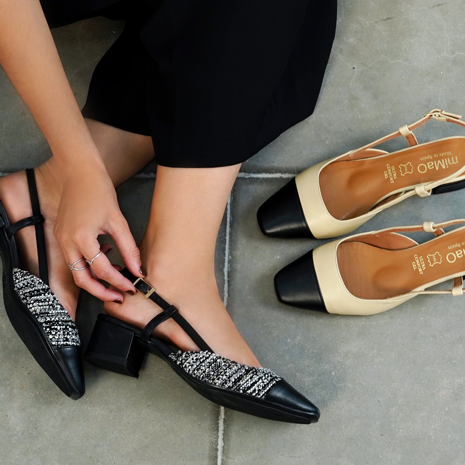 AUDREY - Manoletinas destalonadas Bicolor con tacón TWEED NEGRO - miMaO ®