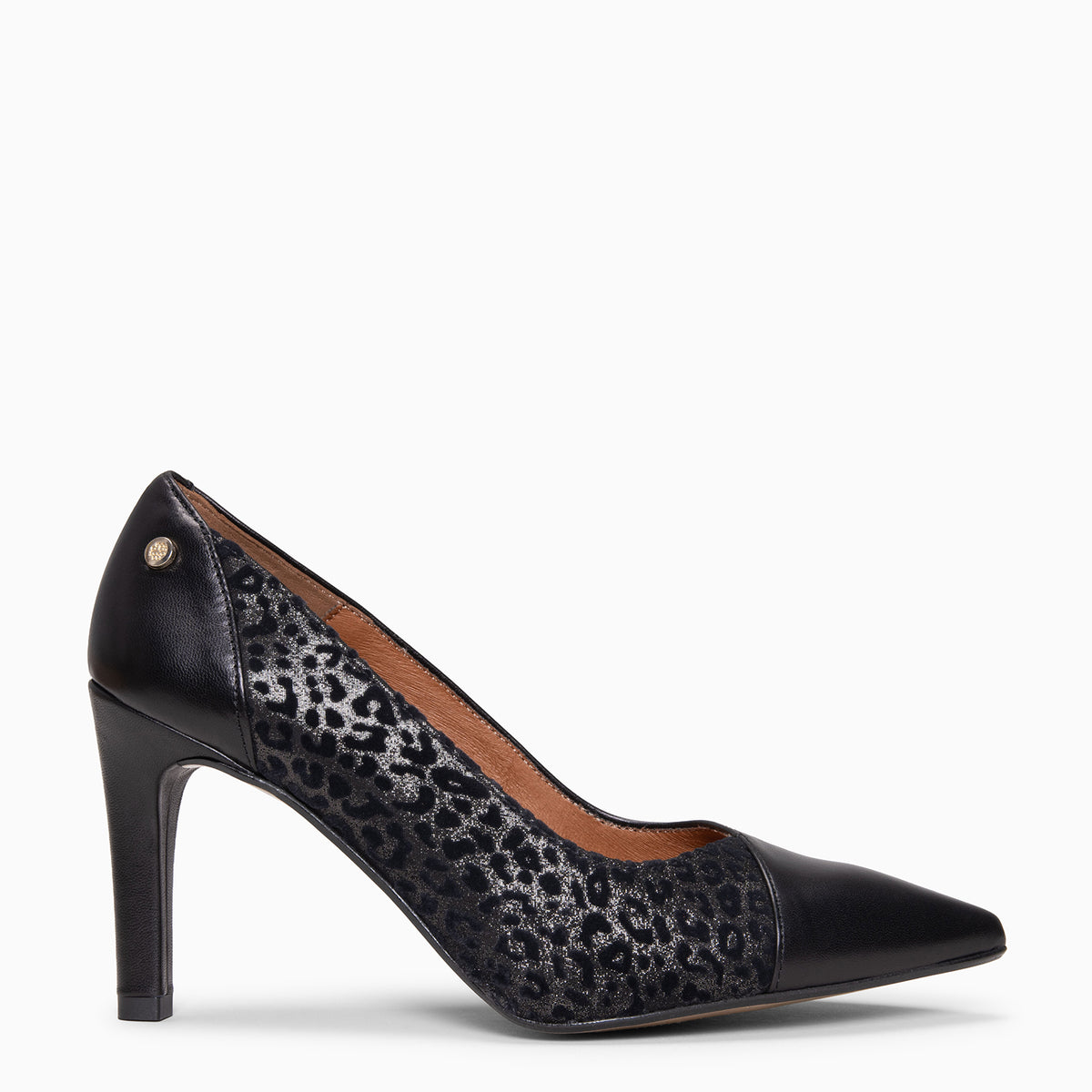 GLAM - Black high-heel pumps in embossed flocked leather