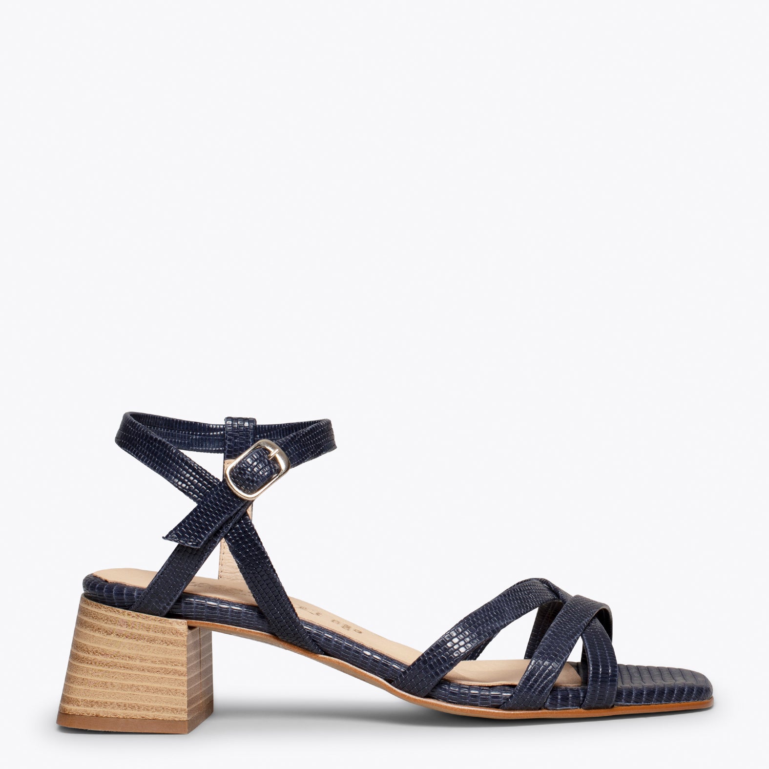 ELEGANT – NAVY mid heel sandal with snake texture
